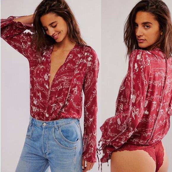 NEW Free People Everything's Rosy Bodysuit RARE Rodeo Red Western Print Size Med